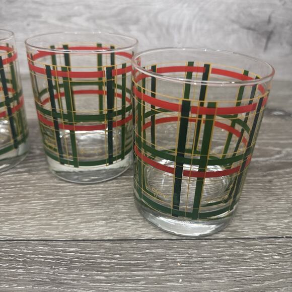 Georges Briard Rocks Glass Double Old Fashioned Red Green Gold Plaid 12oz~4 Pc - Picture 6 of 10